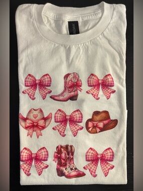 White Tee with Pink Gingham Bows & Western Boots